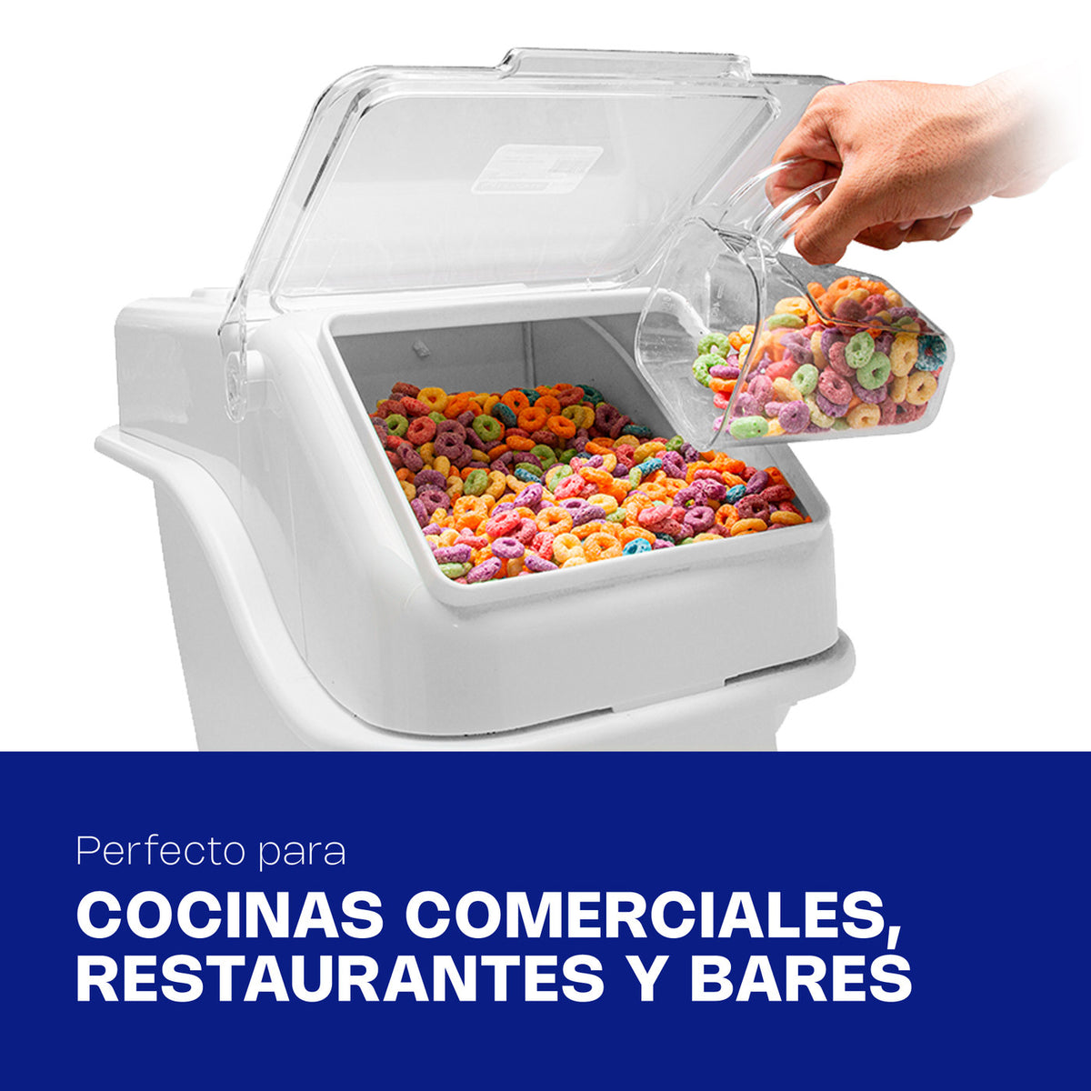 Uso ilustrativo de contenedor CALEDONIA ALGRA-23E en cocina de restaurante para cereales.
