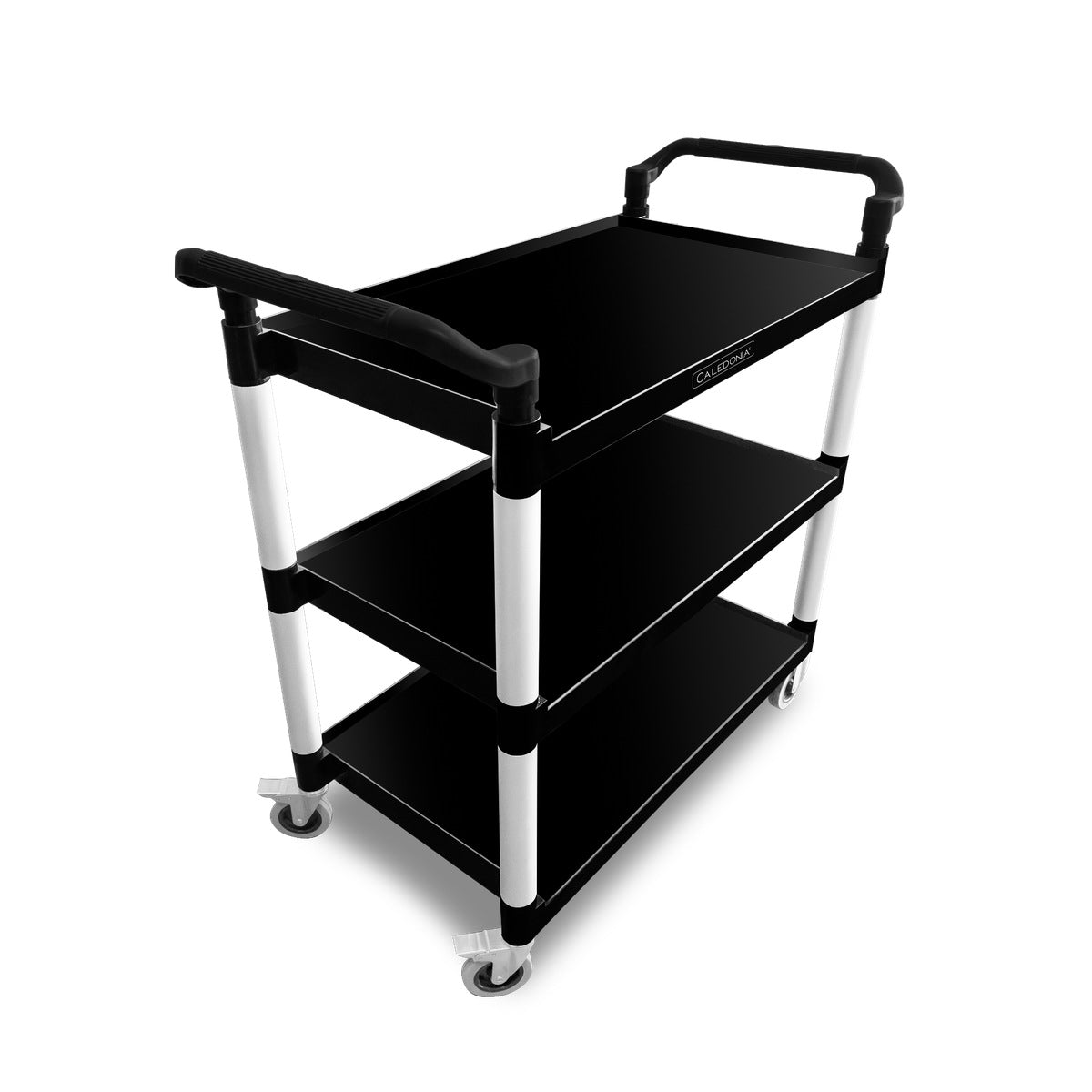 Carrito Caledonia CARSEP-03 con tres repisas negras, estructura de aluminio y ruedas. perspectiva.