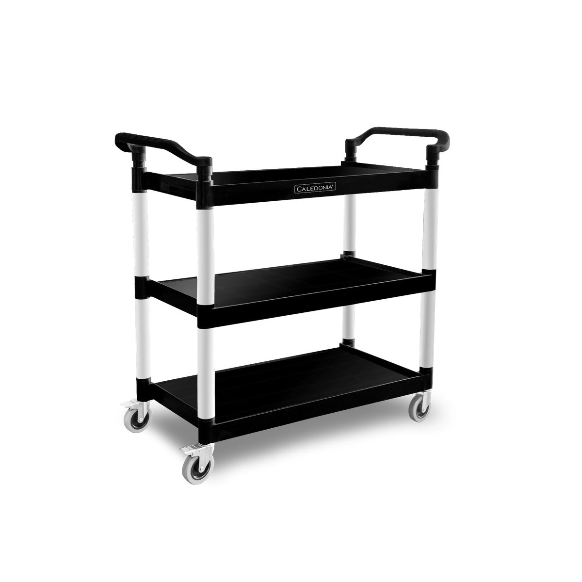 Carrito Caledonia CARSEP-03 con tres repisas negras, estructura de aluminio y ruedas. Imagen principal.
