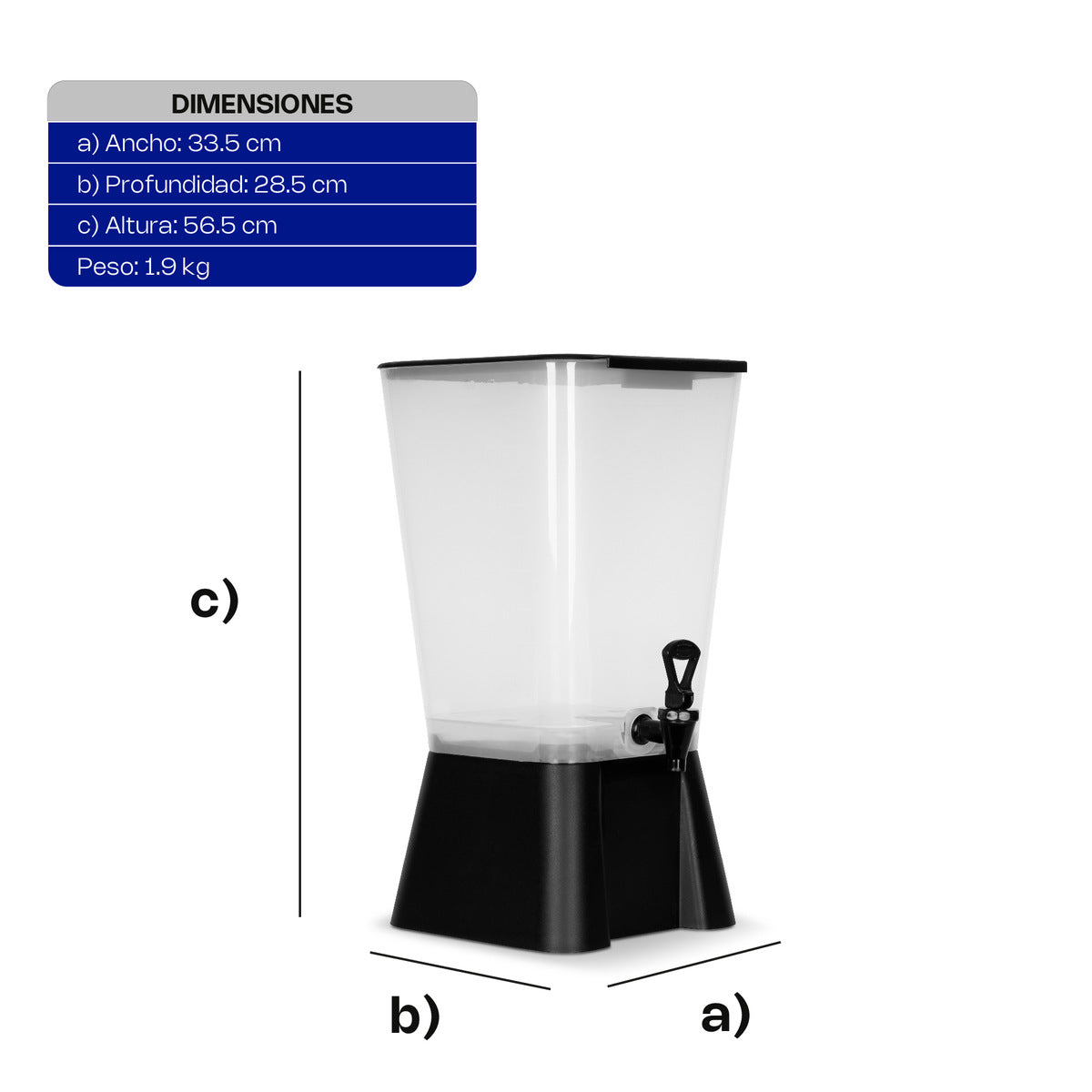 Dispensador de bebidas Caledonia DISBE-19 de 19 litros con depósito translúcido y llave de servicio manual. medidas.