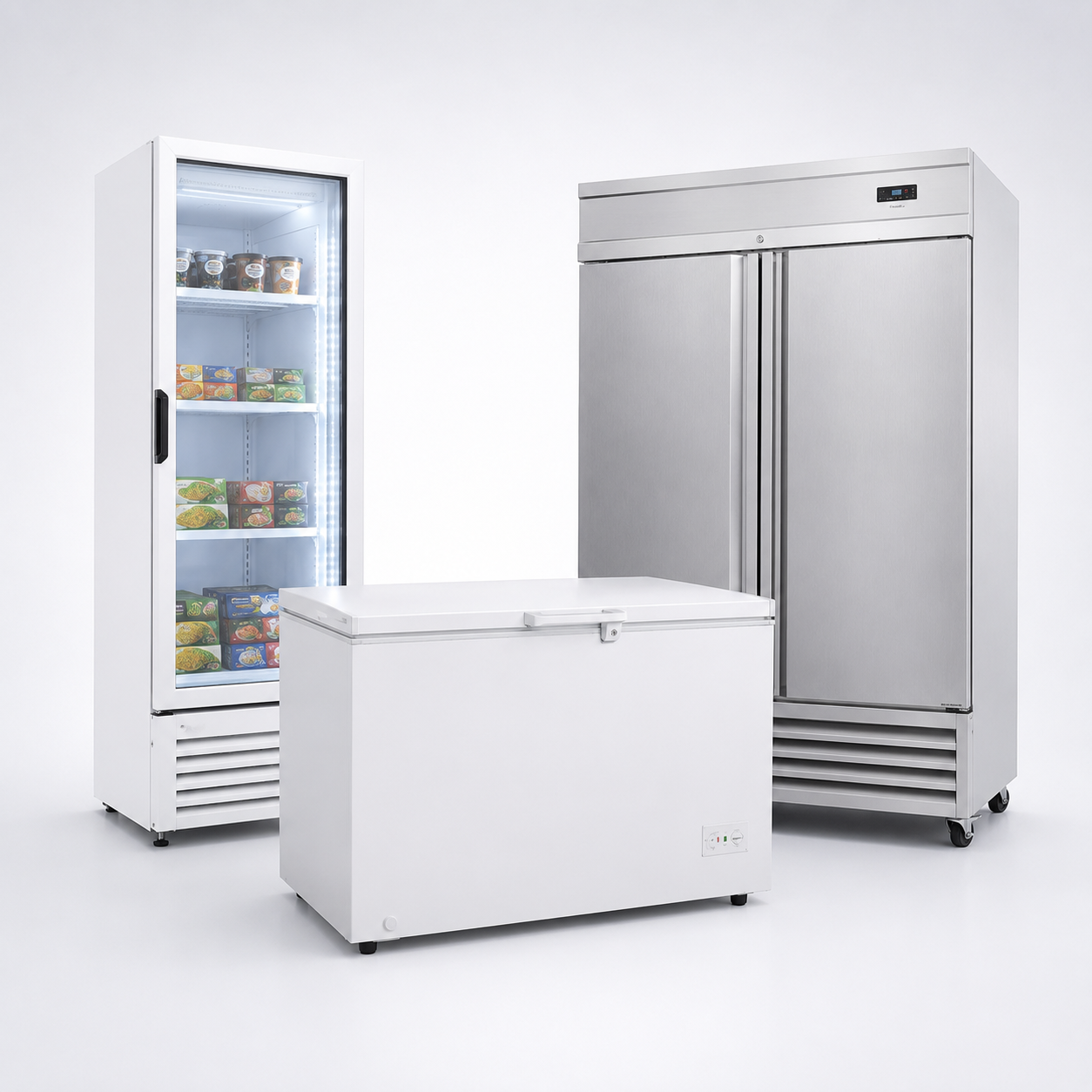Congeladores industriales horizontales y verticales para conservar alimentos y productos congelados.