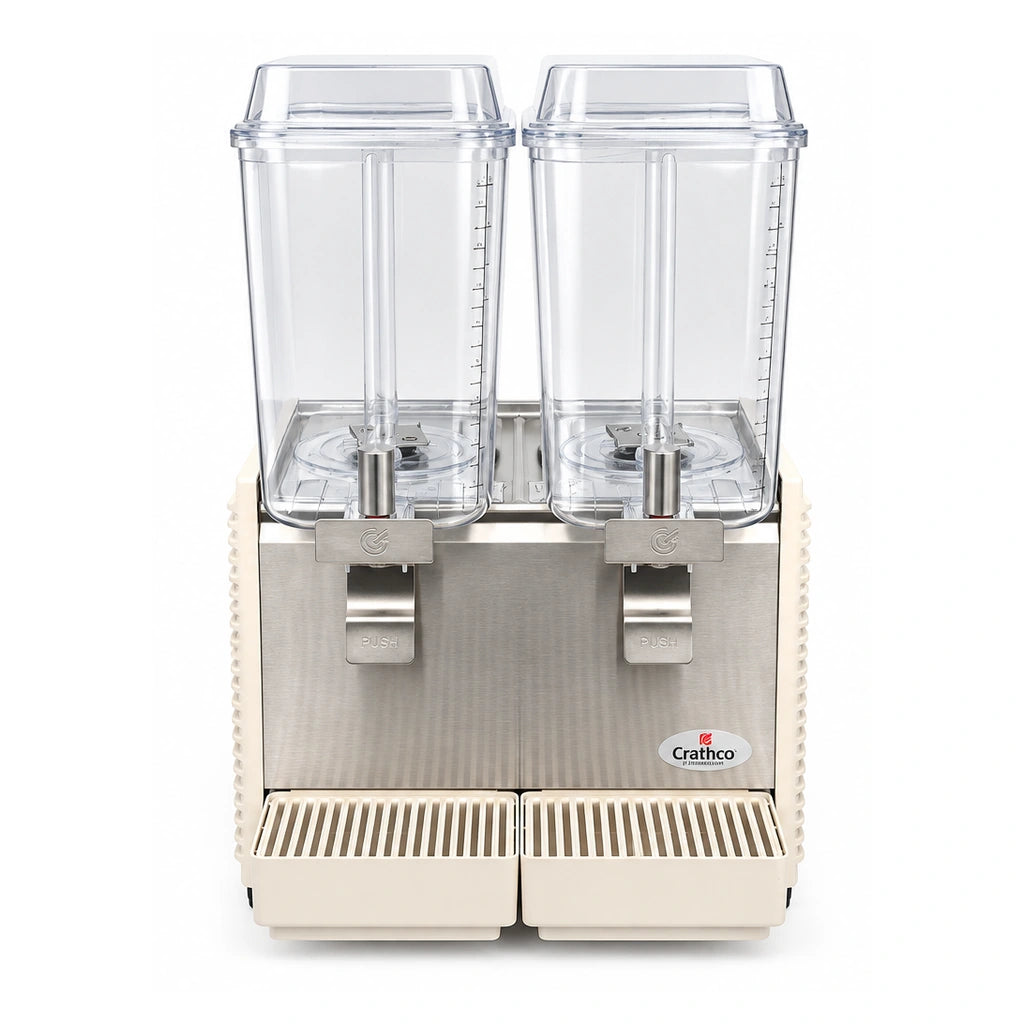 Dispensador de bebidas frías CRATHCO D25-4 de dos tazones de 18.9 litros, vista frontal de estudio sobre fondo blanco