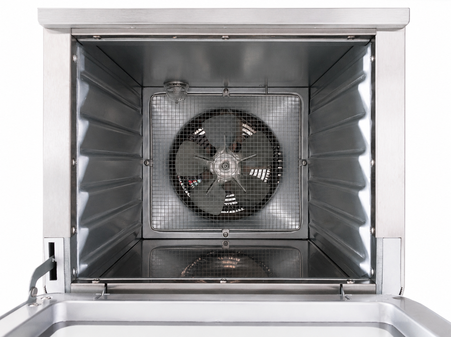 Interior del deshidratador de alimentos Rhino DESALI-6 con ventilador posterior visible.