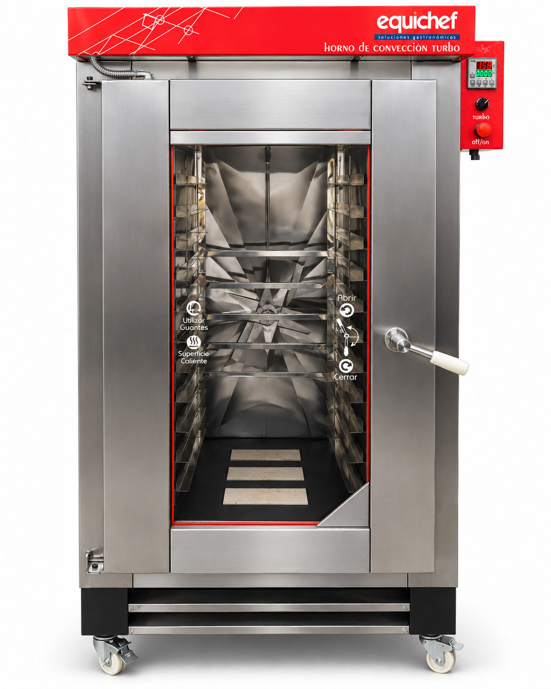 Horno de convección turbo EQUICHEF HTE12D de 12 charolas, vista frontal, imagen de estudio ilustrativa