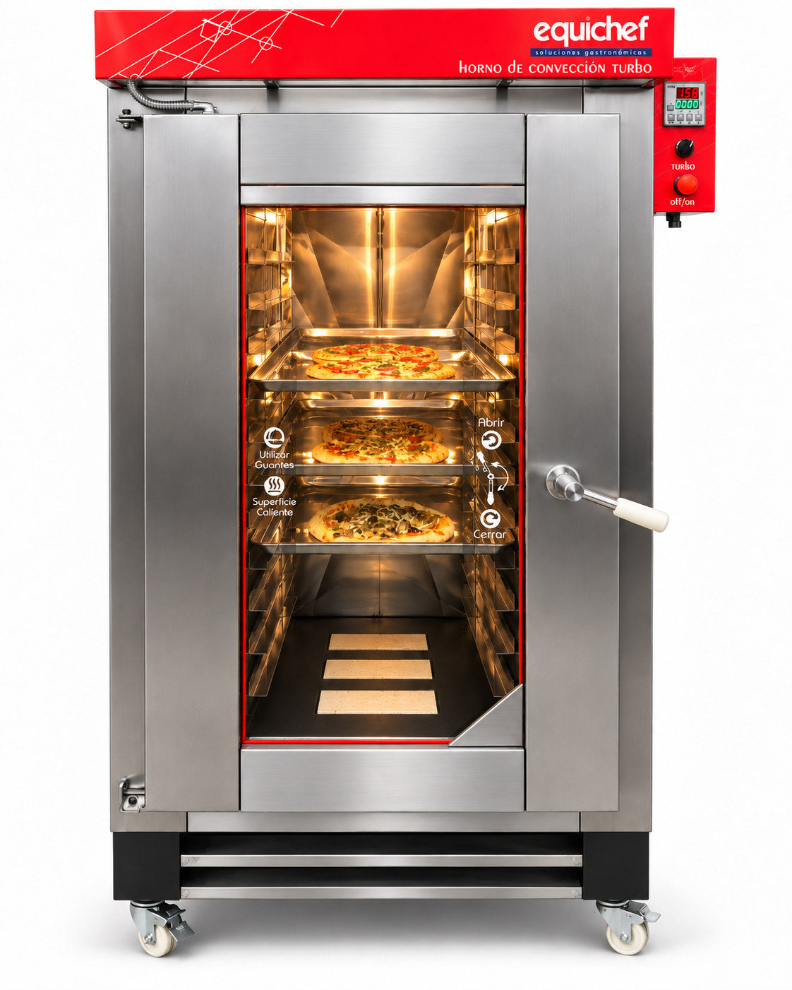 Representación ilustrativa de horno EQUICHEF HTE12D con pizzas sobre charolas e iluminación interior