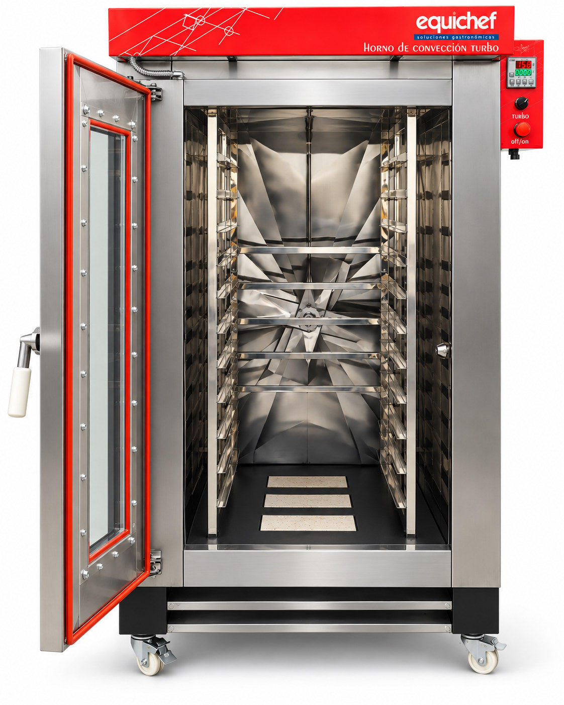 Horno EQUICHEF HTE12D con puerta abierta y vista de la cámara interior, representación ilustrativa