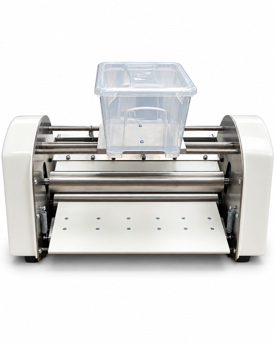 Laminadora EQUICHEF LMM-1 vista frontal con rodillos y tolva transparente