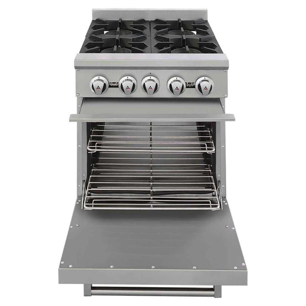 Estufa industrial con horno Drago CG-41 vista frontal en acero inoxidable