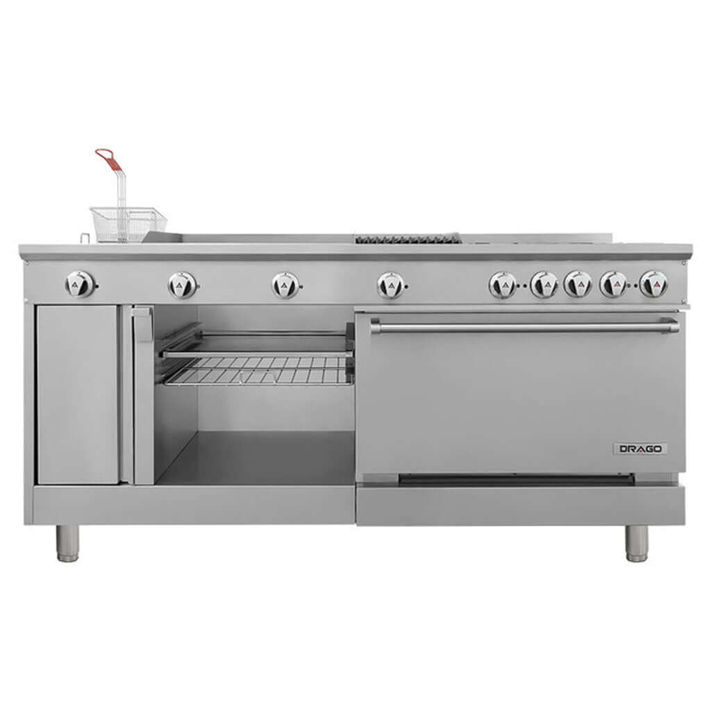 Estufa industrial Drago UNIVERSAL PD con 9 quemadores y horno – vista 3/4 frontal izquierda