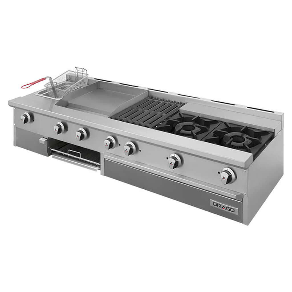 Estufa industrial de mesa Drago UDM Slim vista frontal, 2 quemadores con modulos integrados