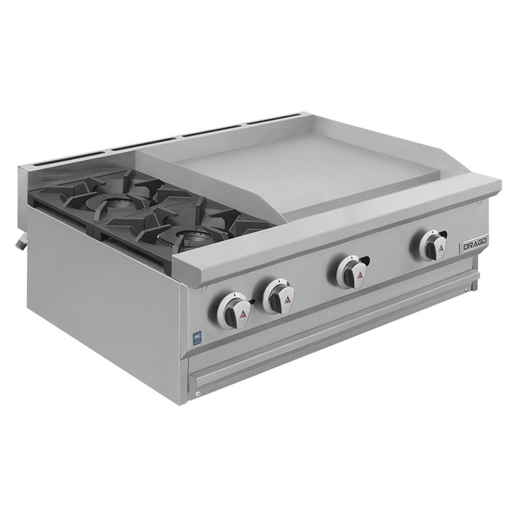 Estufa multiple de mesa Drago CG-20PD de 2 quemadores con plancha a gas