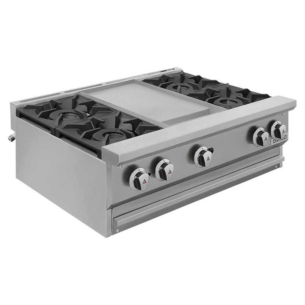 Detalle de plancha de acero pulido en estufa múltiple de mesa Drago CG-40P