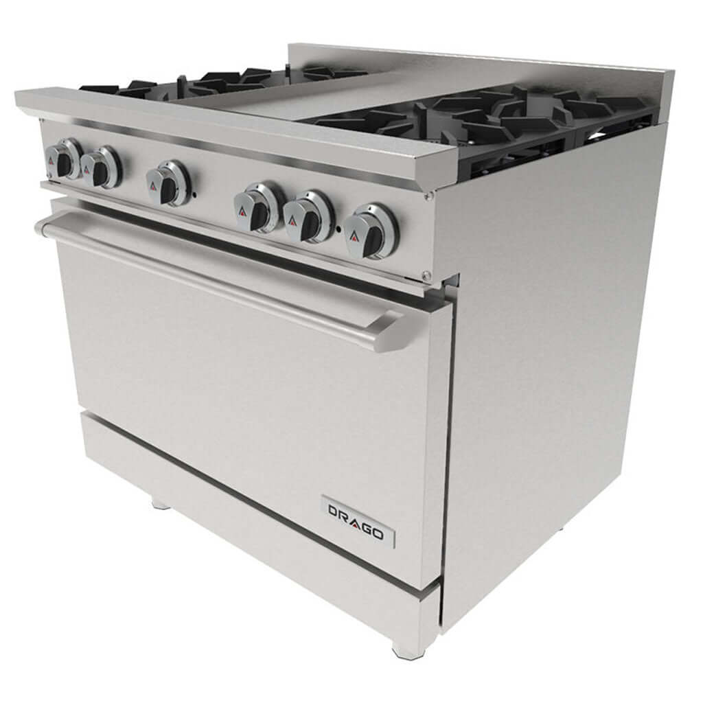 Estufa industrial con horno Drago CG-41P de 4 parrillas y plancha de 1 pie