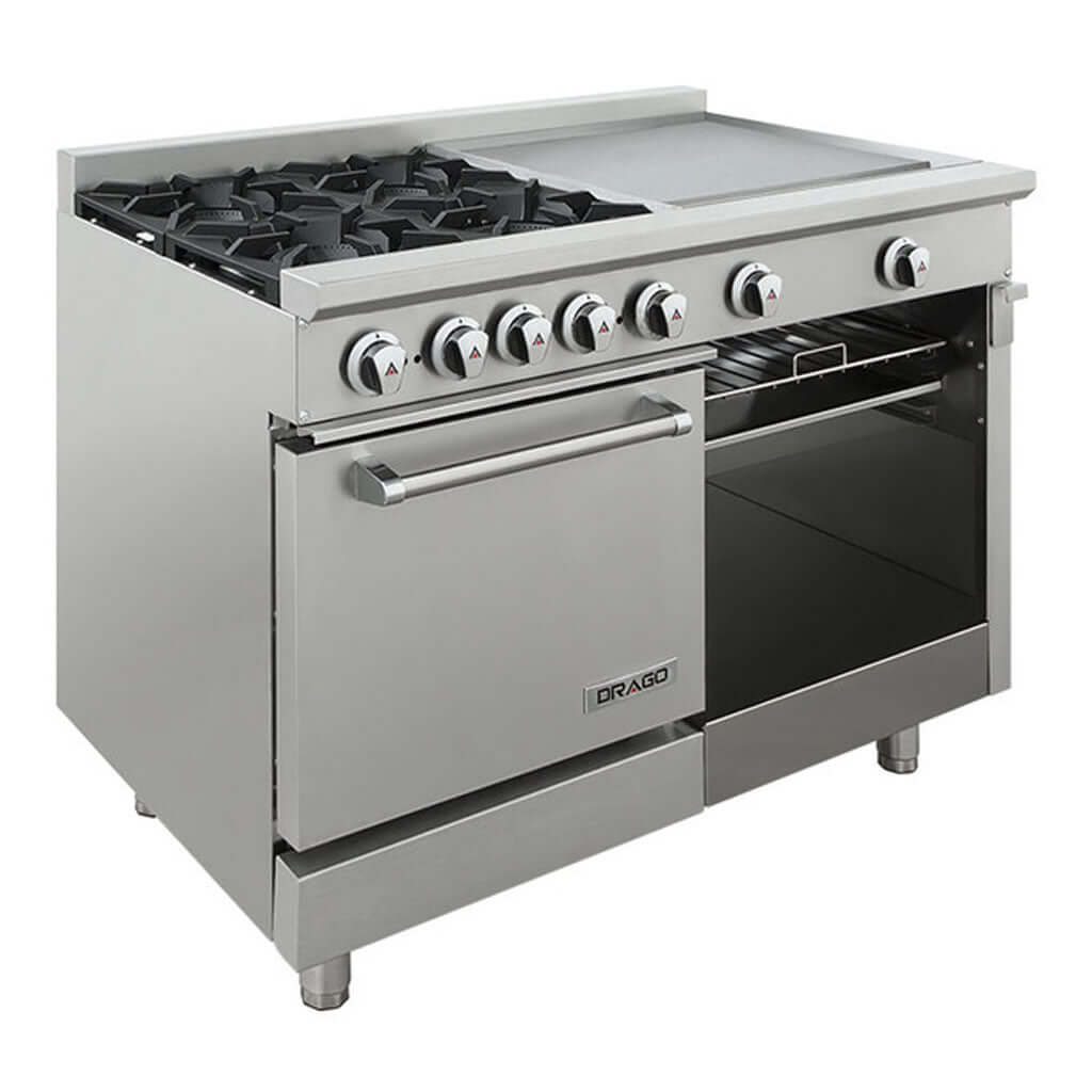 Estufa industrial Drago CG-41PD de 4 quemadores con plancha doble y horno (vista frontal)