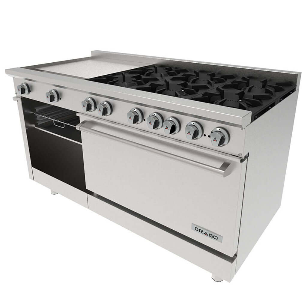 ESTUFA INDUSTRIAL DRAGO* CG-61PD de 6 quemadores con horno, plancha y gratinador (vista frontal)