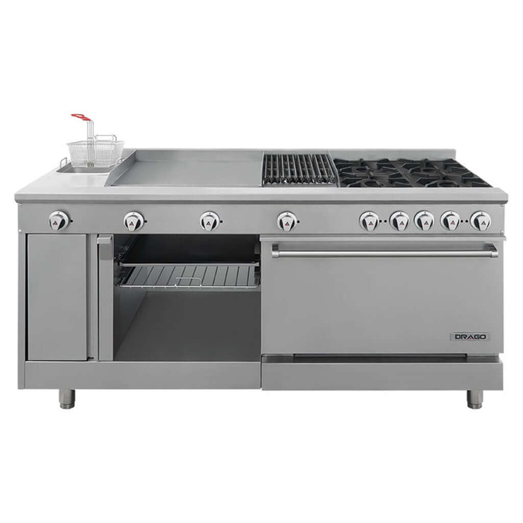 Estufa industrial Drago UNIVERSAL PD con parrilla, plancha, freidora, gratinador y horno – vista frontal
