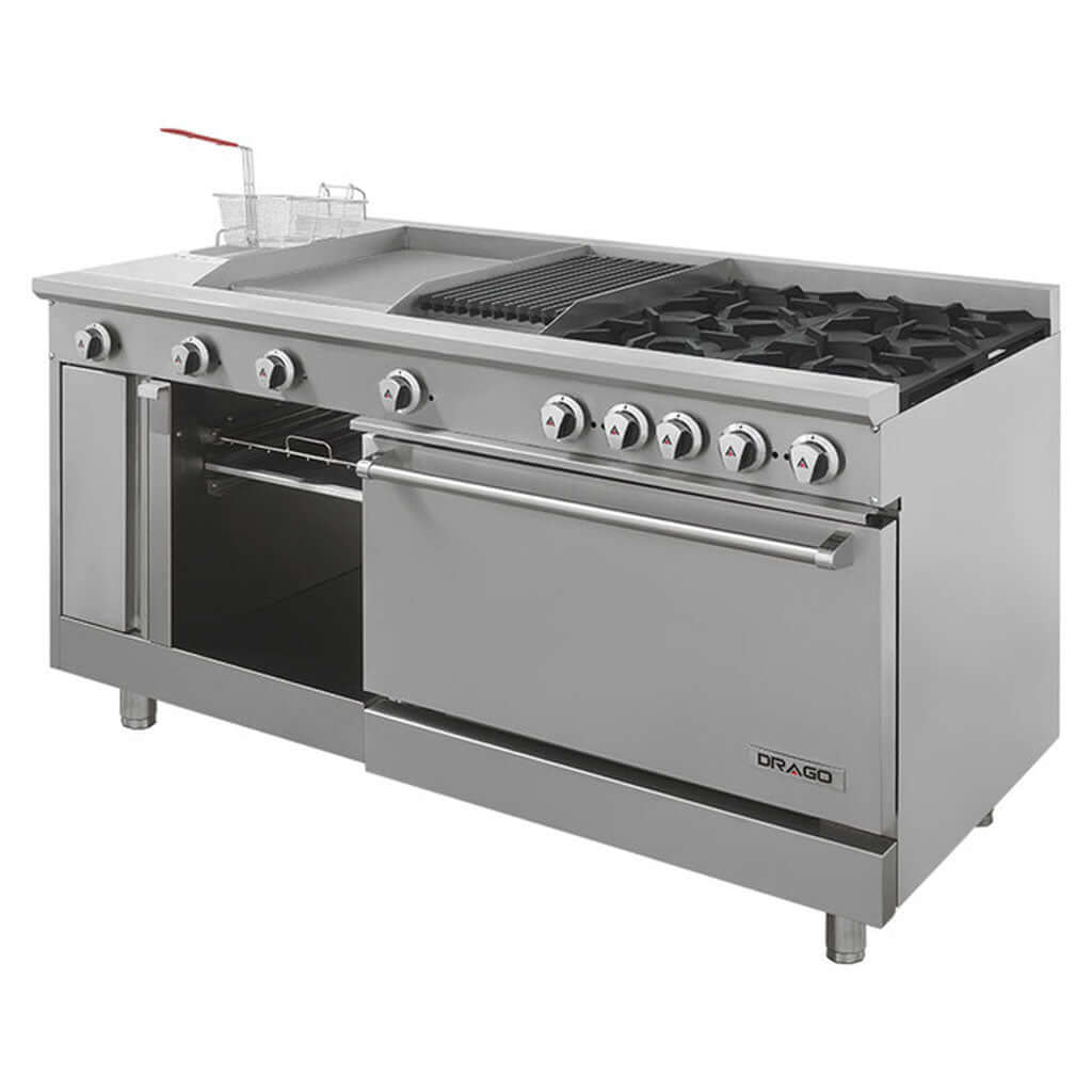 Estufa industrial Drago Universal STD vista frontal con 4 quemadores y horno