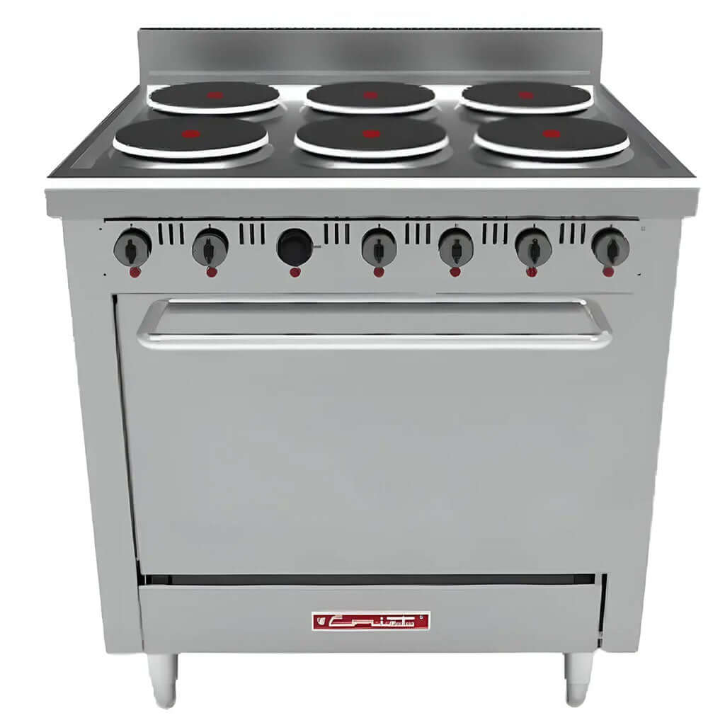 Detalle de estufa eléctrica industrial Coriat EC-6-HG-E: platos, horno y acero inoxidable