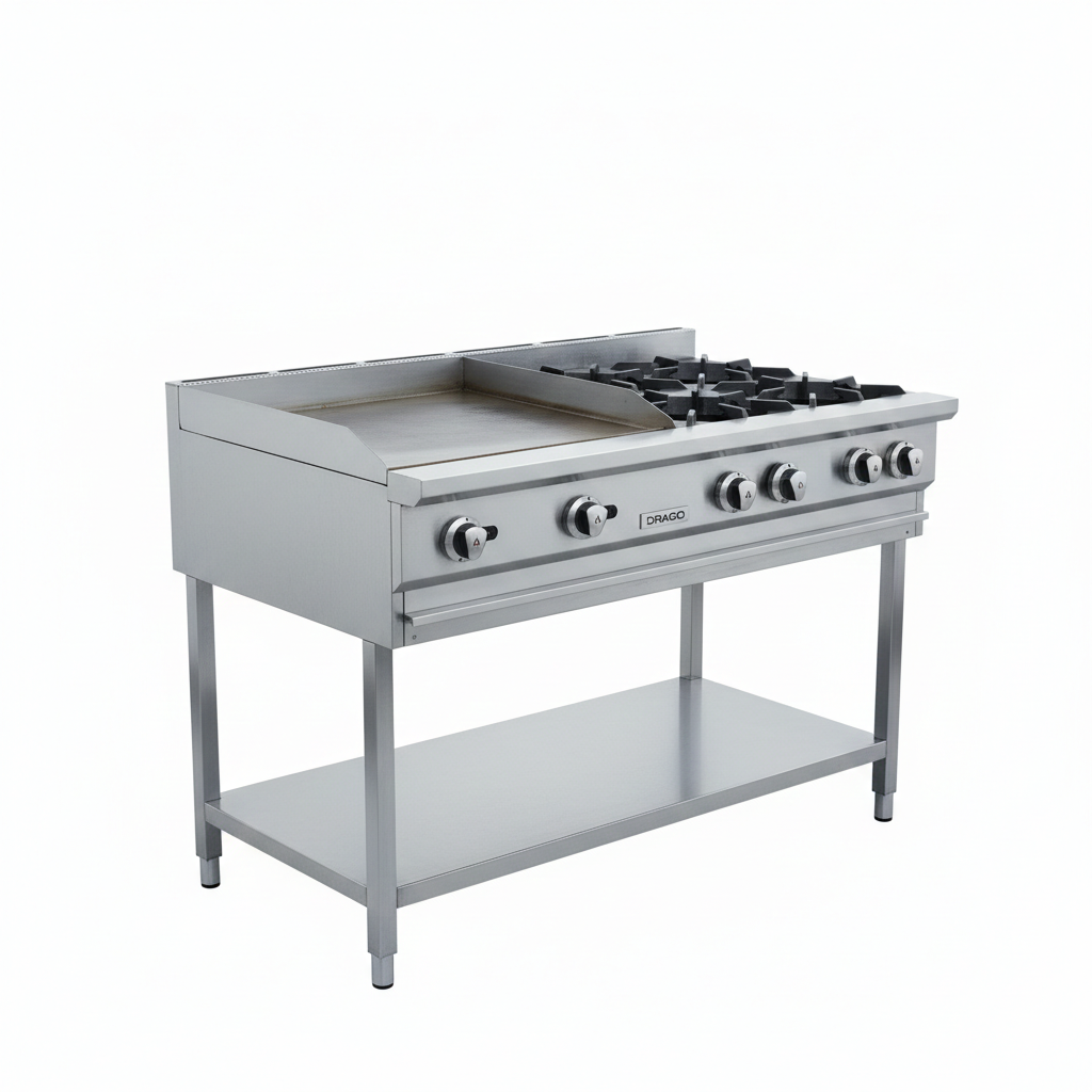 Estufa múltiple de mesa Drago CG-40PD con 4 quemadores y plancha de 2 pies, en acero inoxidable