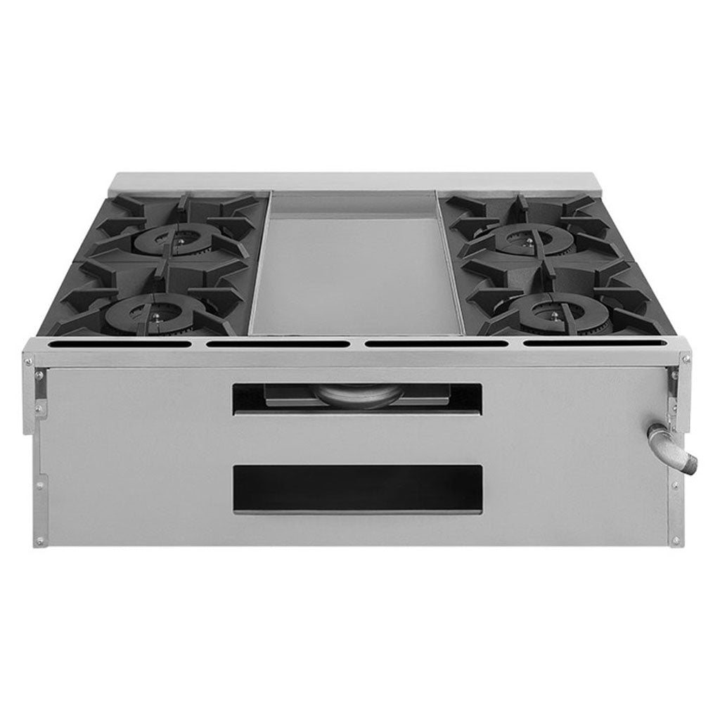 Parrilla industrial Drago CG-40P, vista superior de 4 quemadores y plancha de 1 pie