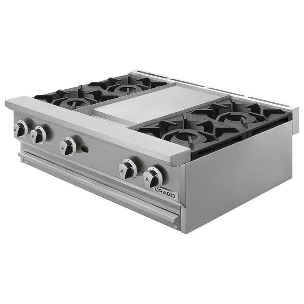 Detalle de quemadores de hierro fundido de doble hilera en estufa industrial Drago CG-40P