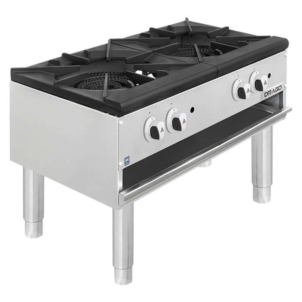 Estufón de gas 2 quemadores Drago GPFO-02-HSH vista lateral de acero inoxidable