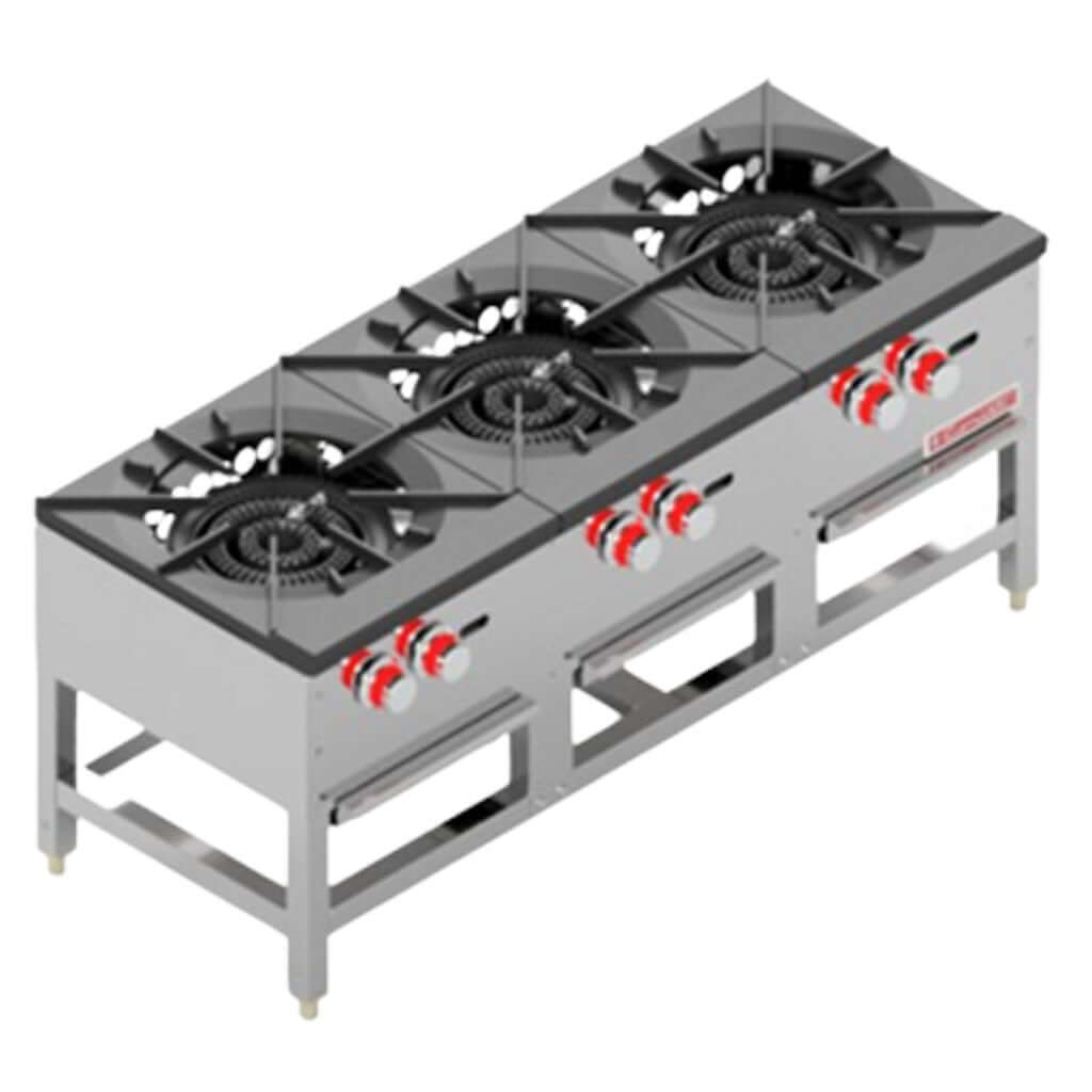 Estufón industrial Coriat EC-3T Máster de 3 secciones, vista frontal en acero inoxidable