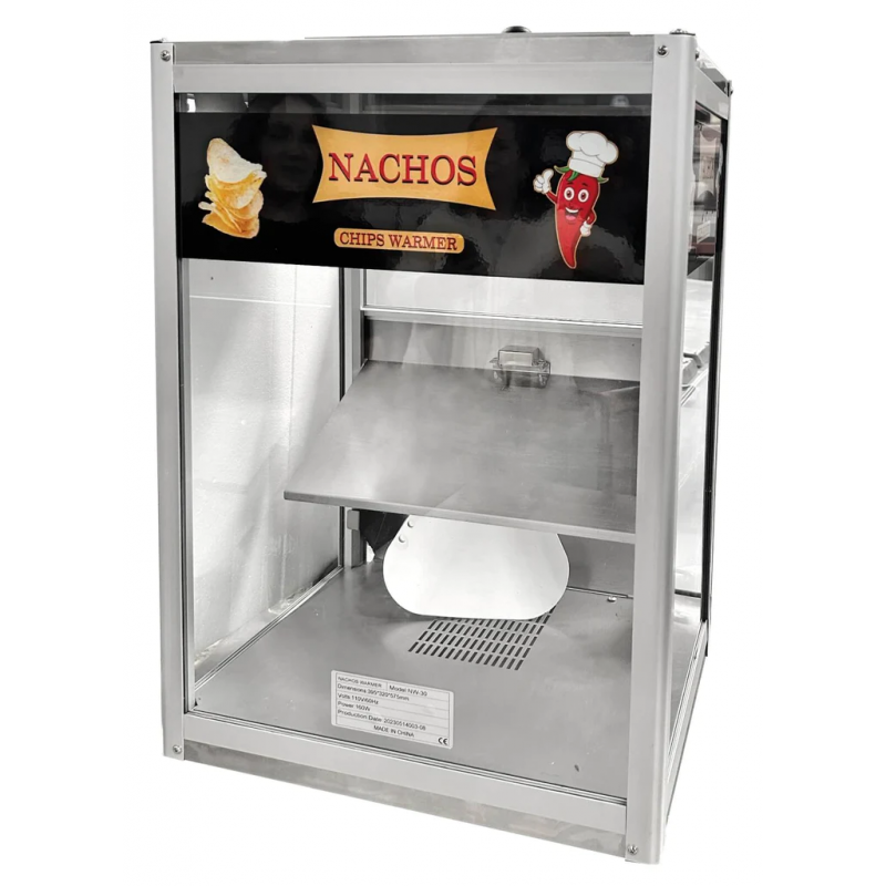 Exhibidor y calentador de nachos MIGSA NW-30 para 4 kg, gabinete de acero inoxidable y cristal