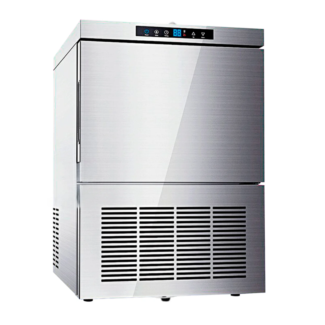 Máquina fabricadora de hielo MIGSA HB-40 con capacidad de 40 kg por día, gabinete de acero inoxidable y panel frontal, fotografía sobre fondo blanco
