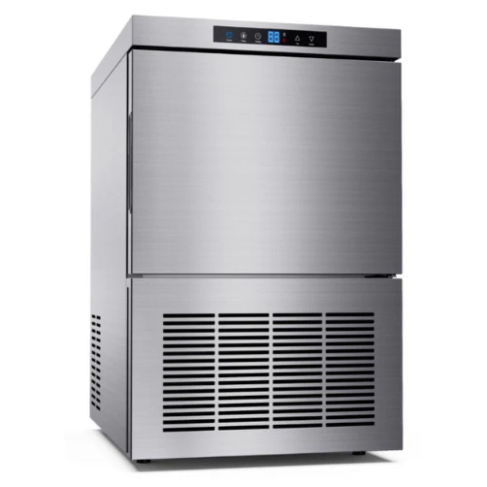 Máquina fabricadora de hielo MIGSA HB-60 con capacidad de 60 kg por día, gabinete de acero inoxidable y panel frontal, fotografía sobre fondo blanco