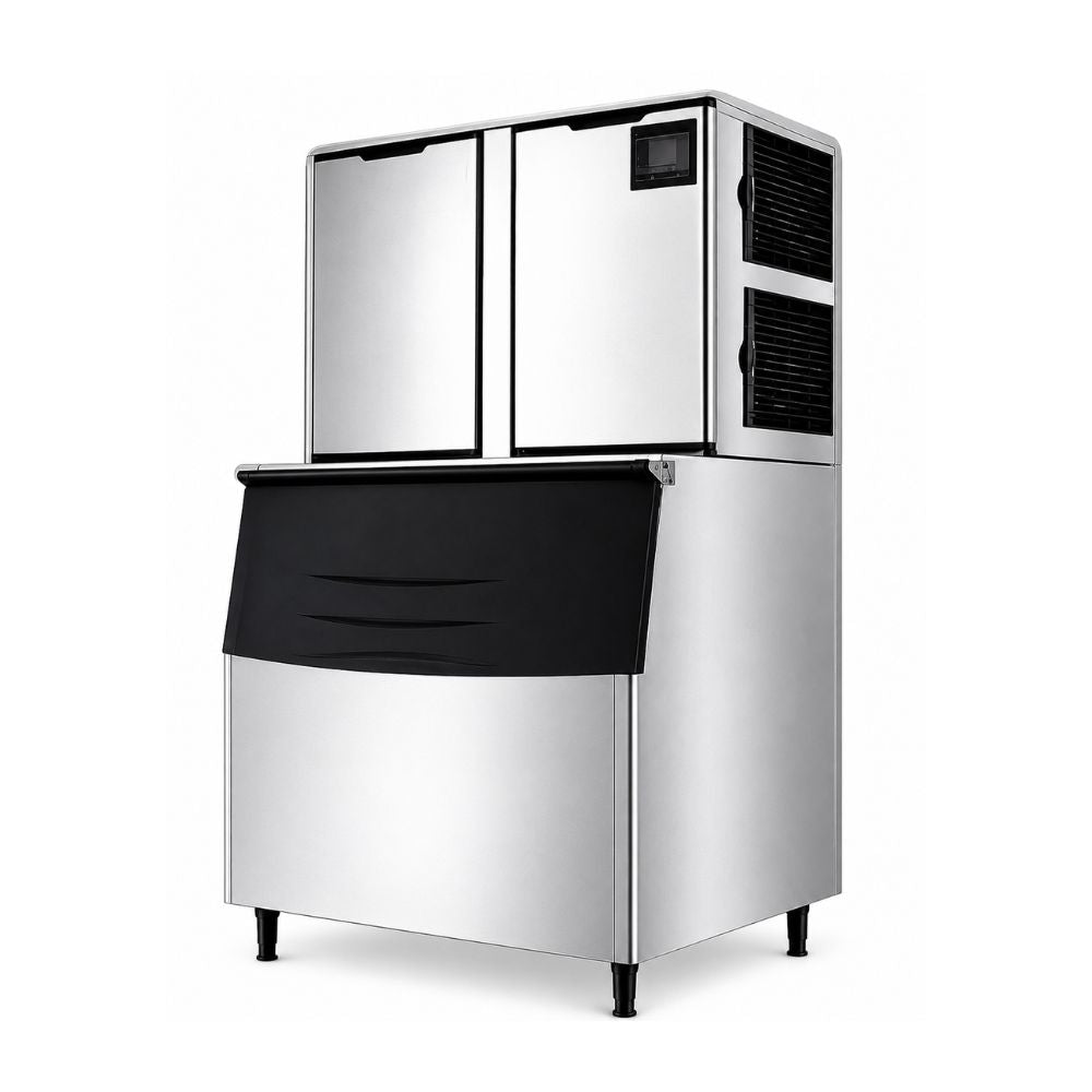 Imagen comercial referencial de máquina de hielo SNOOKER SK-1500P, producción de 620 kg diarios y depósito modular independiente de 350 kg, vista frontal