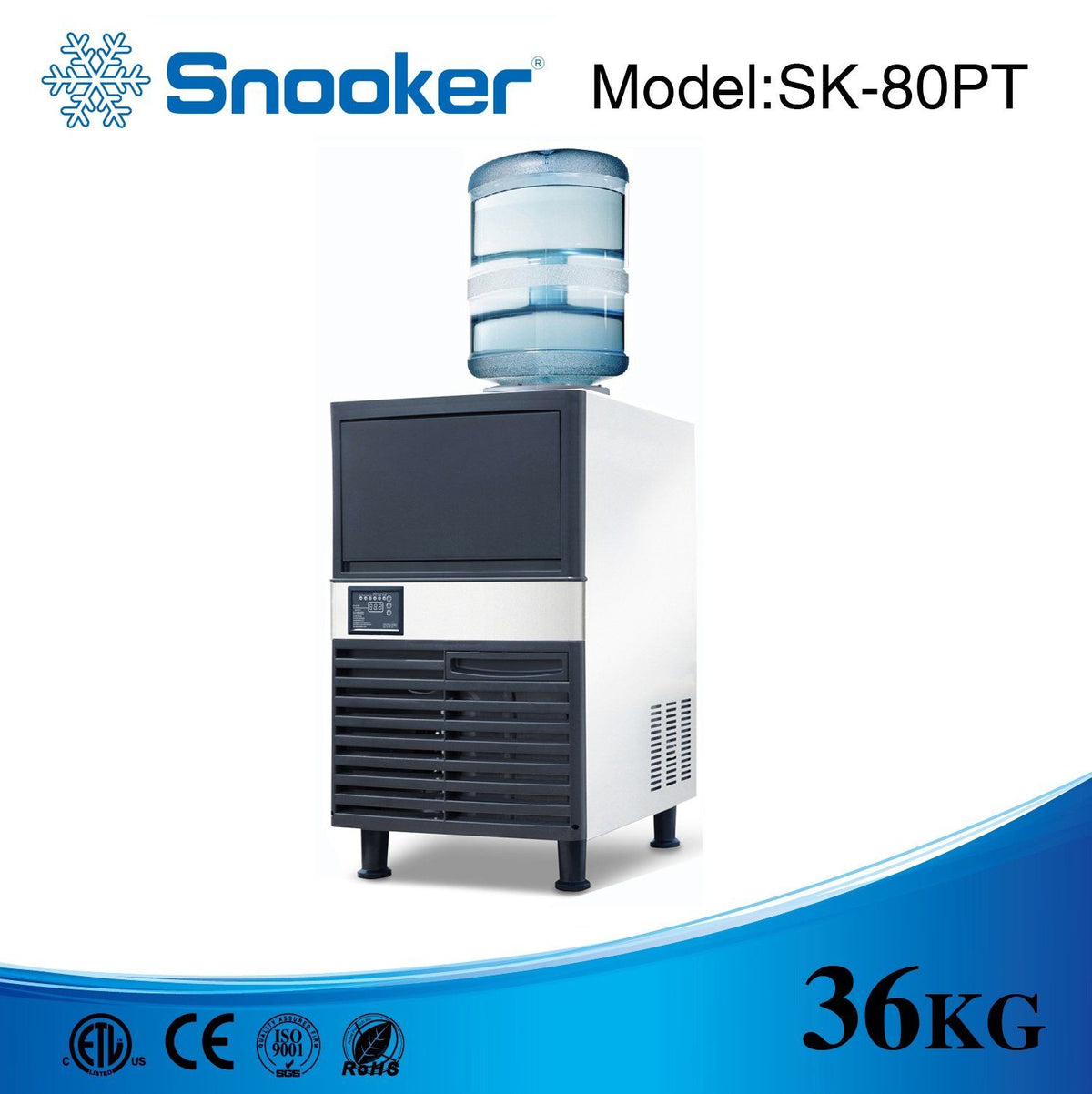 Imagen promocional del fabricante SNOOKER SK-80PT, máquina de hielo de 36 kg diarios con garrafón ilustrativo para alimentación de agua