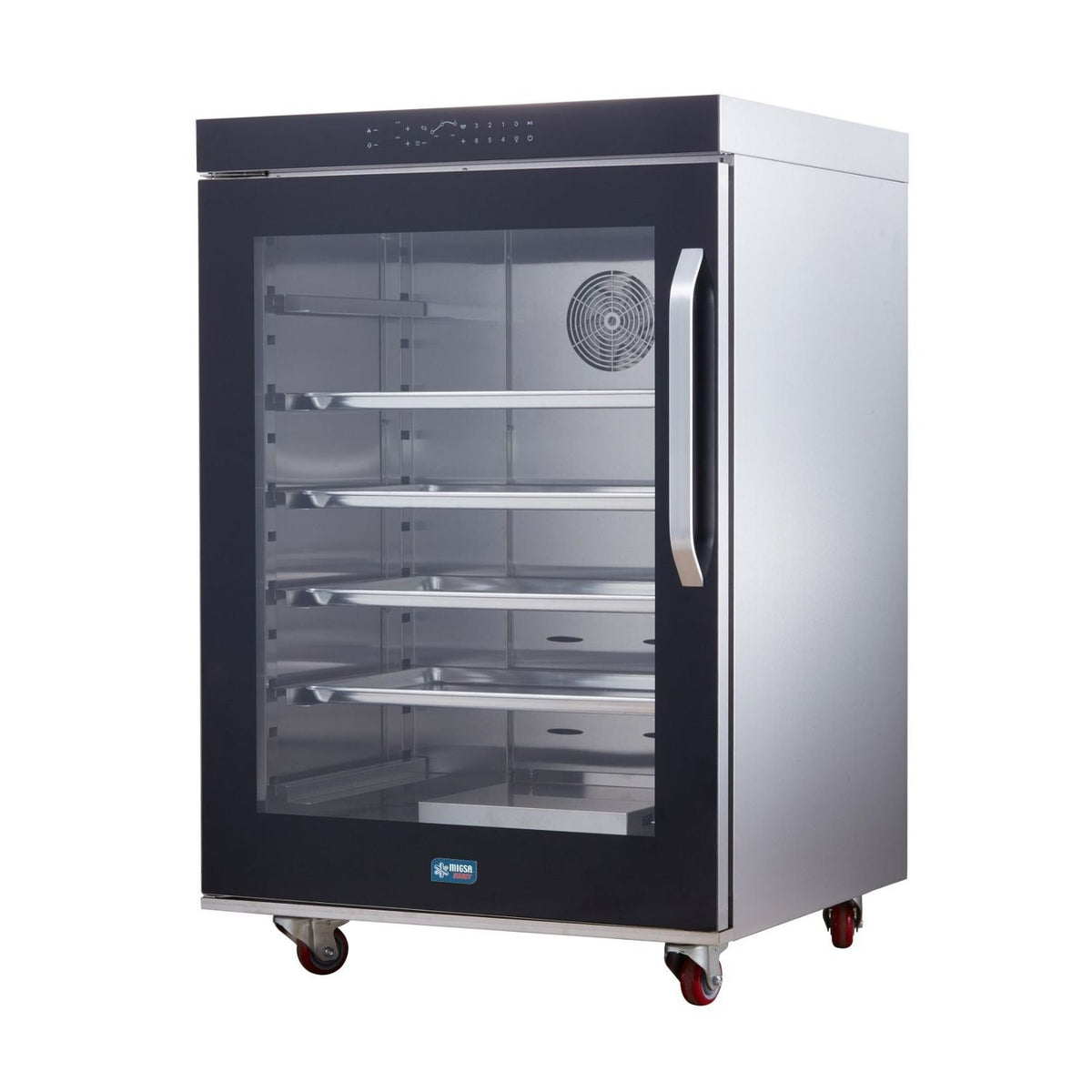 Cámara de fermentación digital MIGSA SELECT FDM-860, gabinete de acero inoxidable con puerta acristalada, vista diagonal