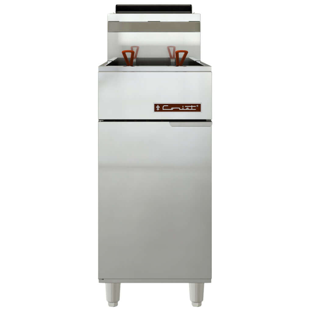 Freidora industrial Coriat Turbo 25.5-4Q Master, vista lateral con estructura de piso y acabado en acero inoxidable.