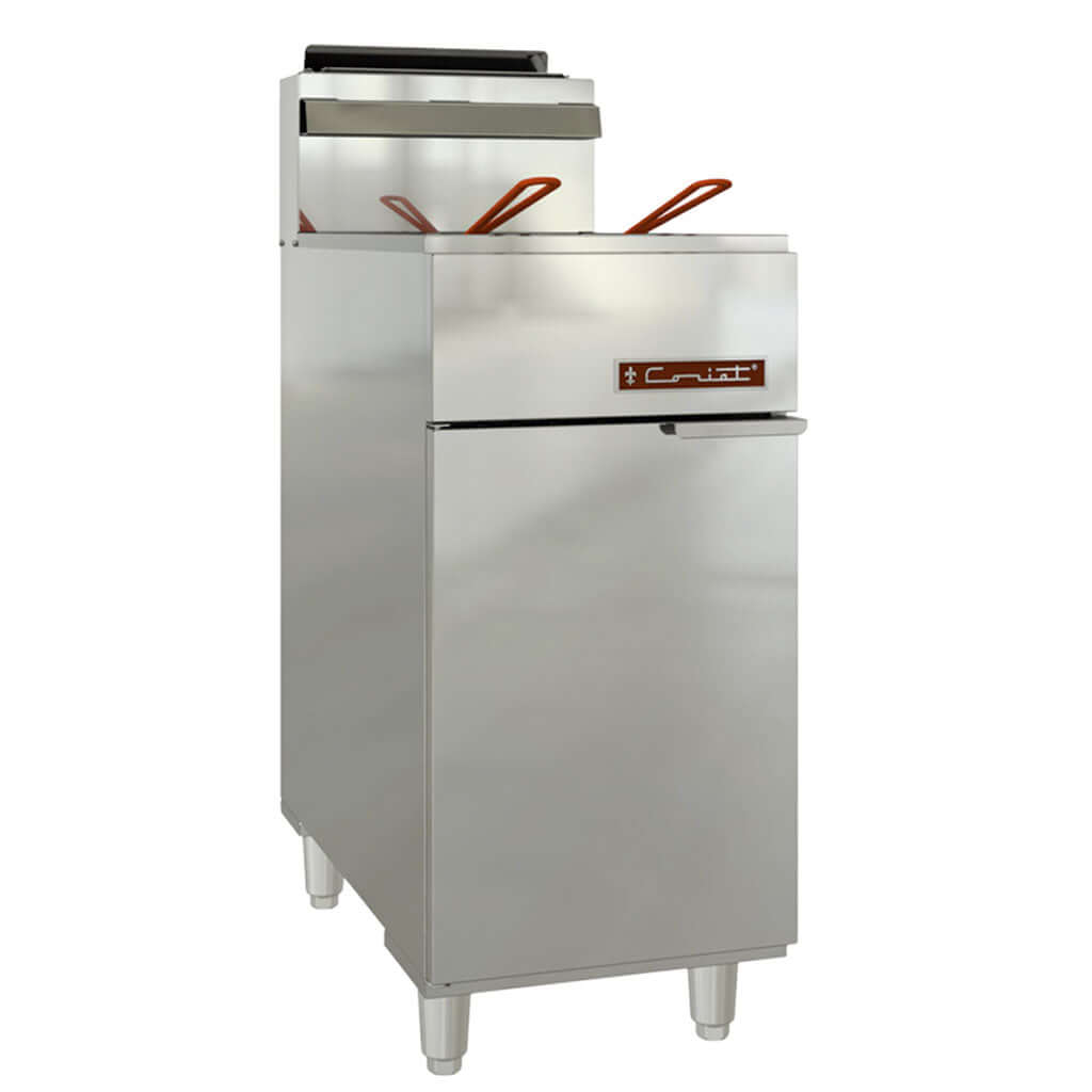 Freidora industrial de gas Coriat Turbo 25.5-4Q Master, vista frontal en acero inoxidable para cocina profesional.