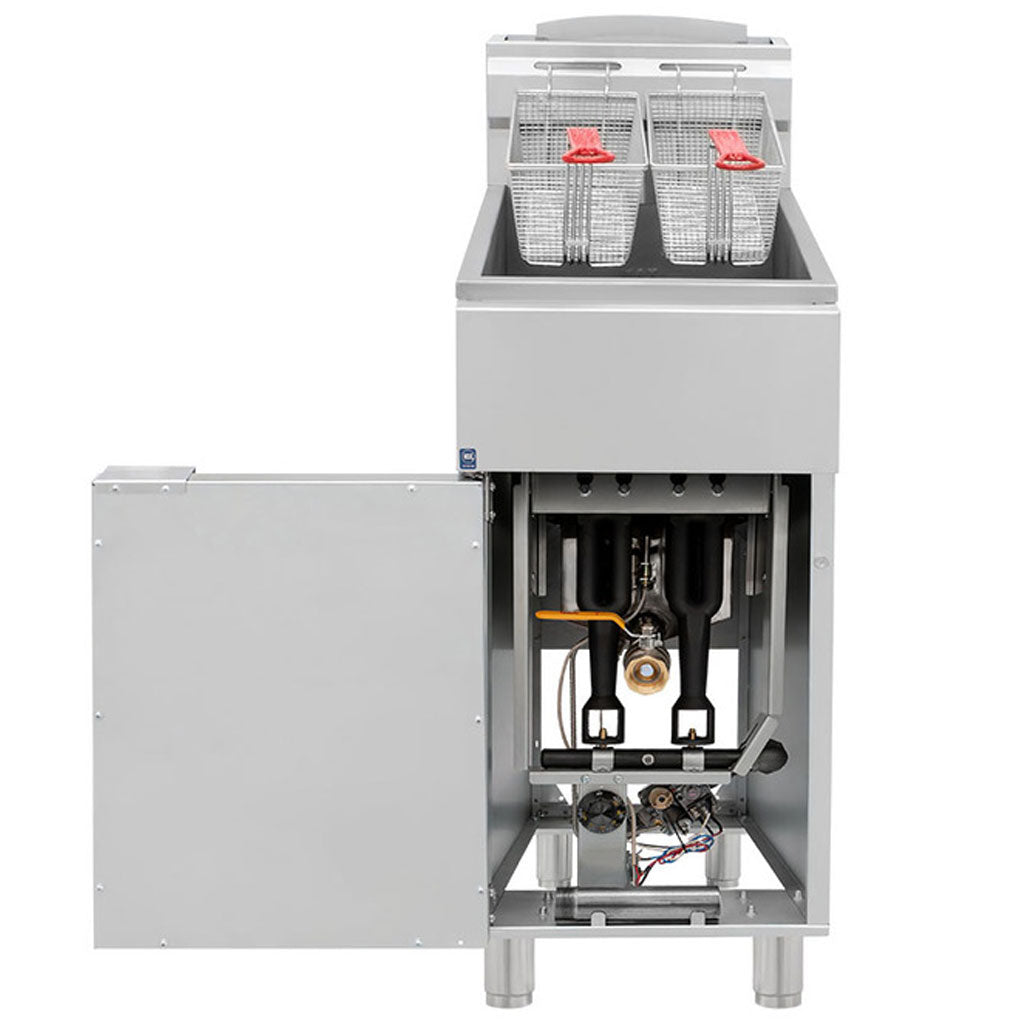 Tina de acero inoxidable y valvula de drenaje de la freidora industrial de gas Drago FG-16 RS