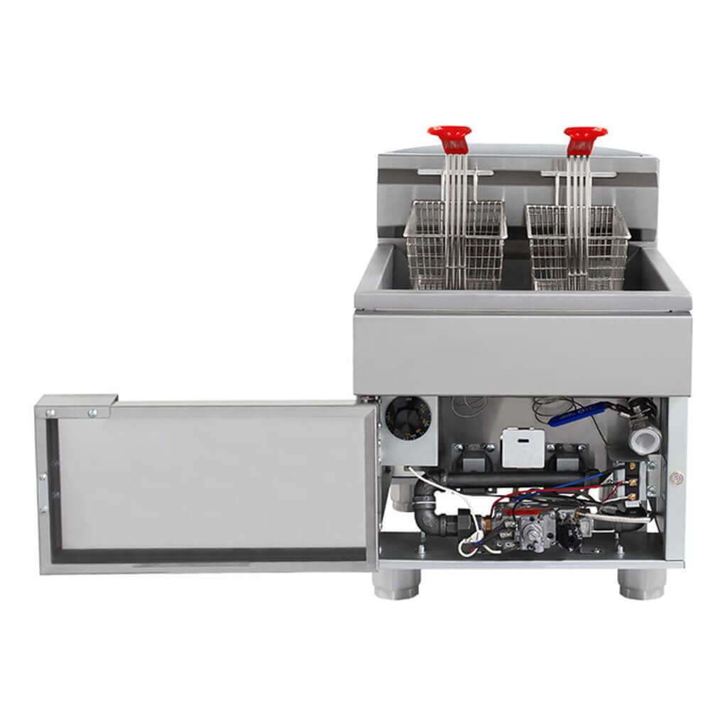 Detalle de tina y valvula de drenaje en freidora industrial de gas Drago FG-8