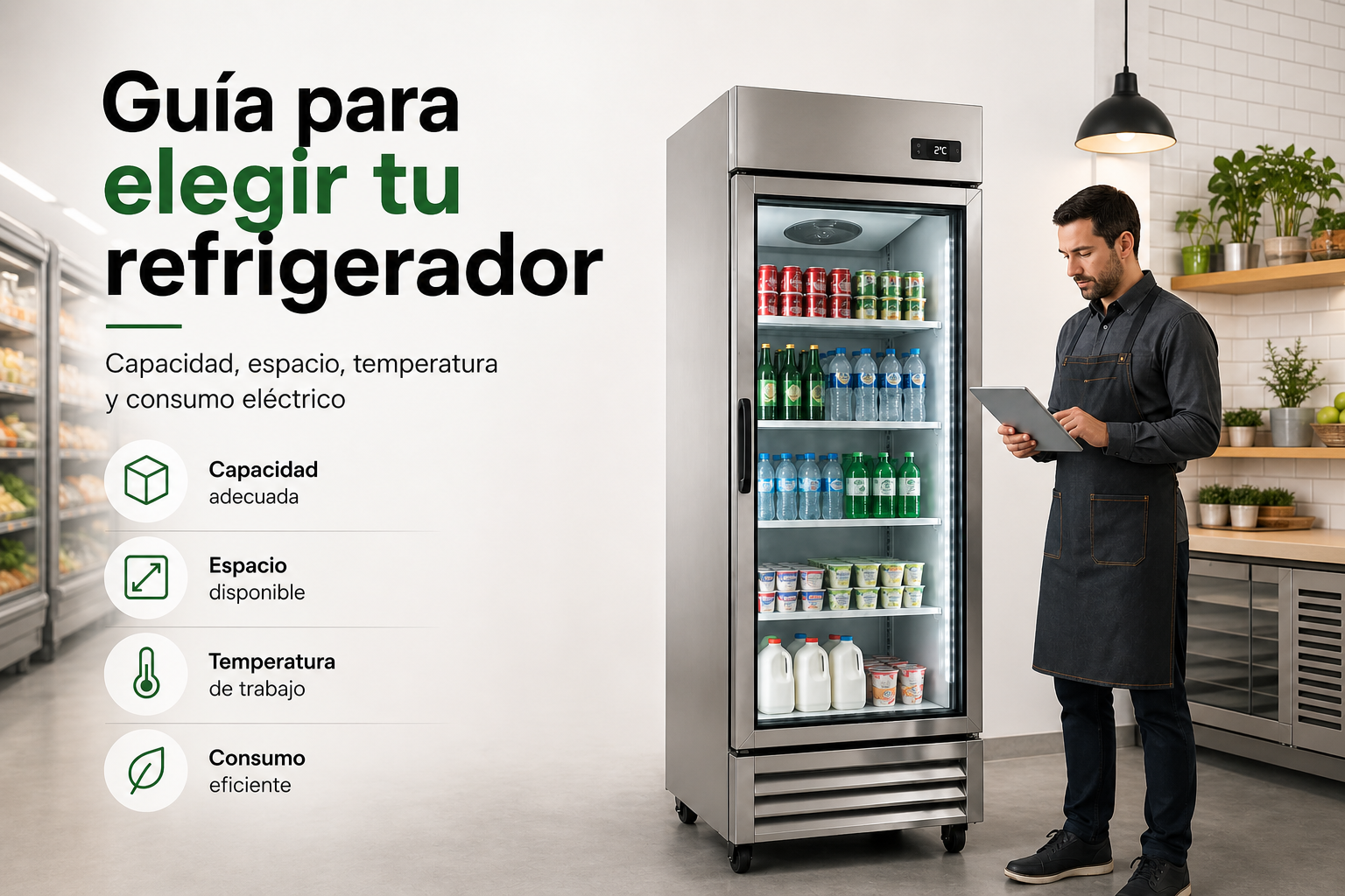 Guía visual para elegir un refrigerador comercial, con consejos sobre capacidad, espacio, temperatura y consumo eléctrico para negocios.