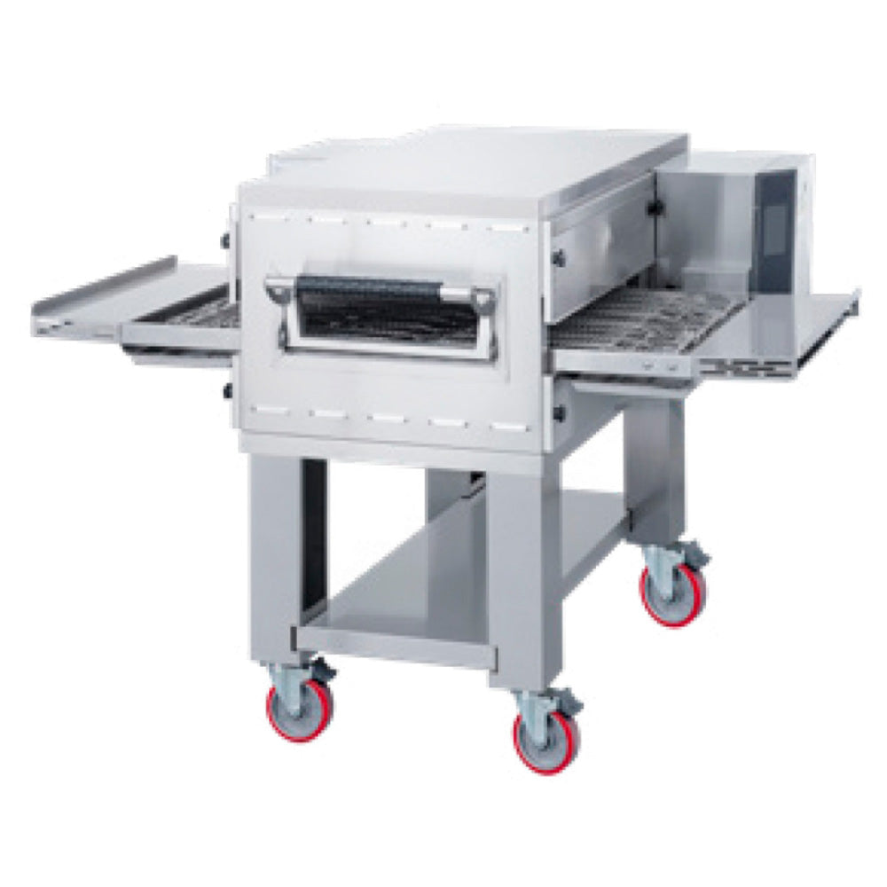 Horno eléctrico de banda para pizza MIGSA NTE-2060 con entrada de 53 cm, base de acero inoxidable y ruedas con freno