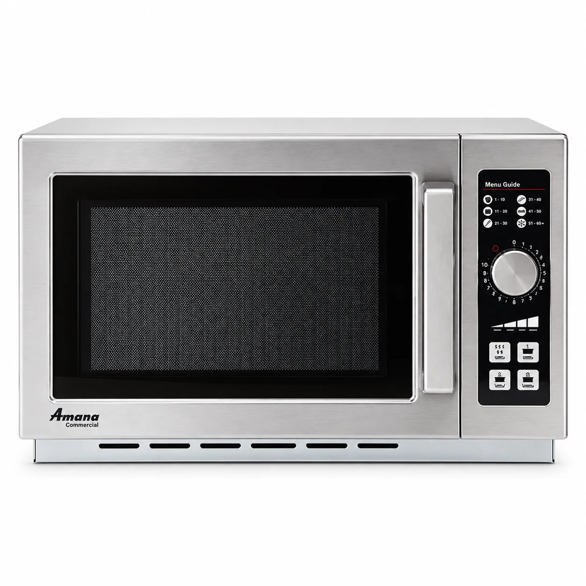 Vista frontal ilustrativa del horno de microondas comercial AMANA RCS10DSE con temporizador análogo y acabado de acero inoxidable