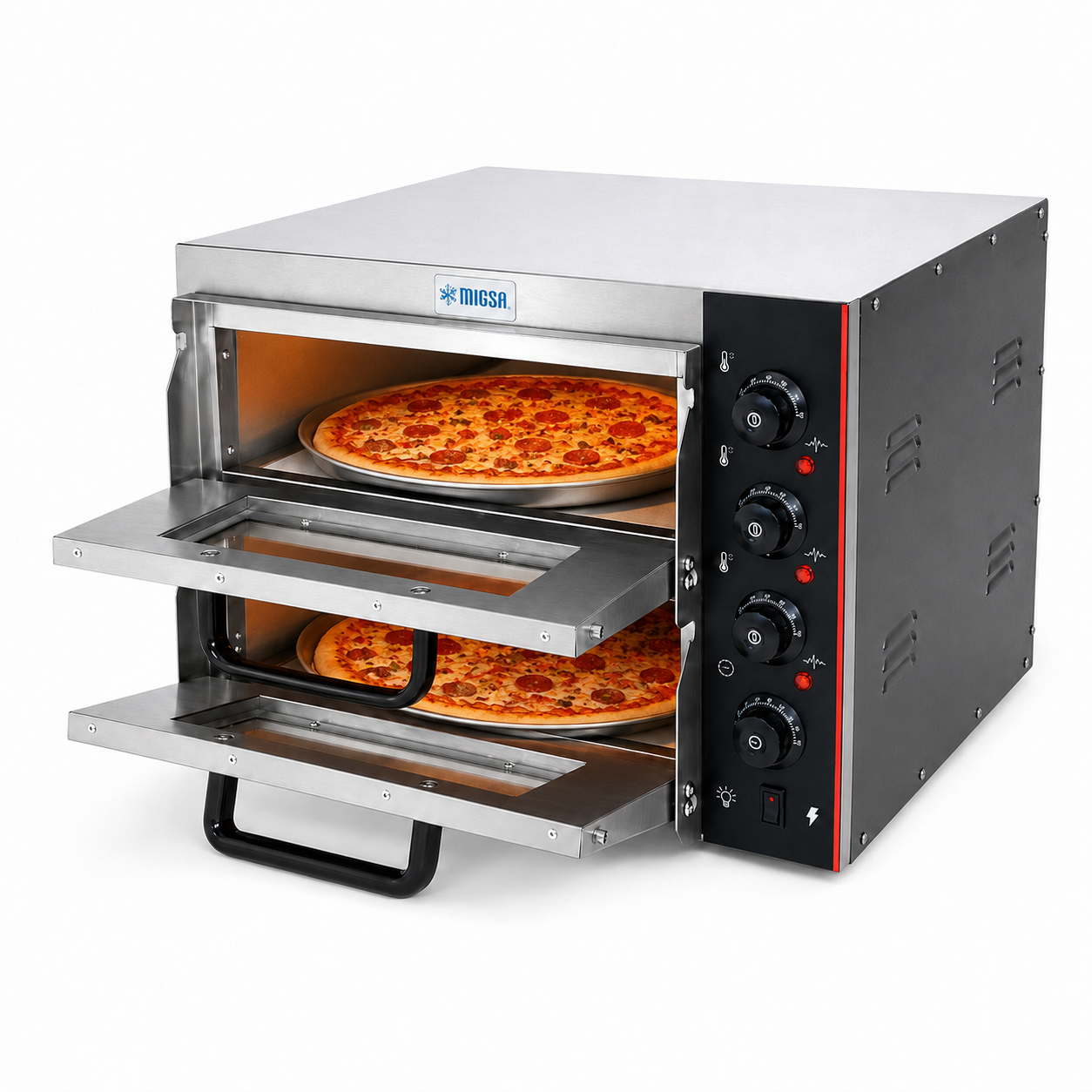 Horno Migsa HPD-2 de dos cámaras en uso con pizzas