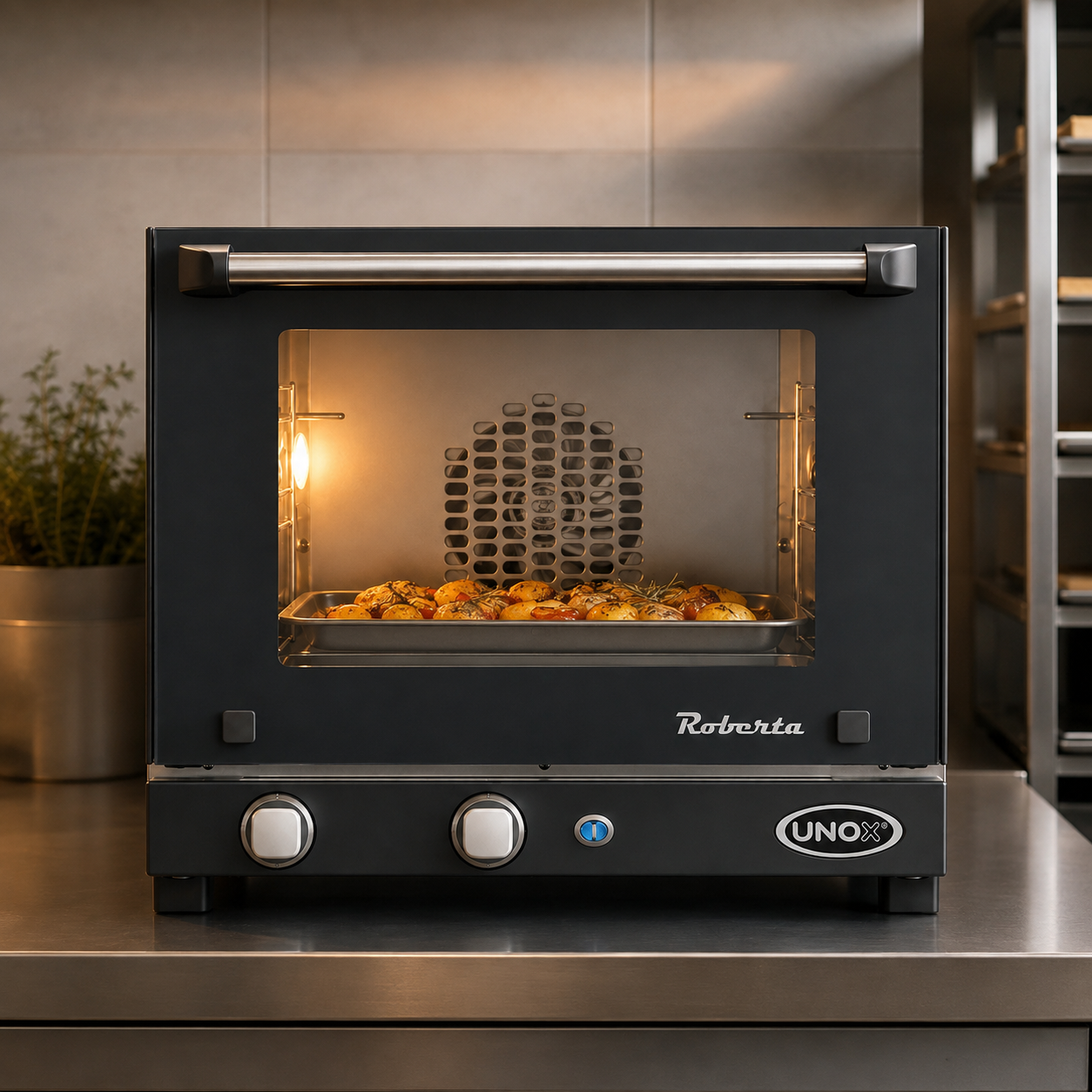 Horno de convección Unox Roberta en funcionamiento con alimento en cocción
