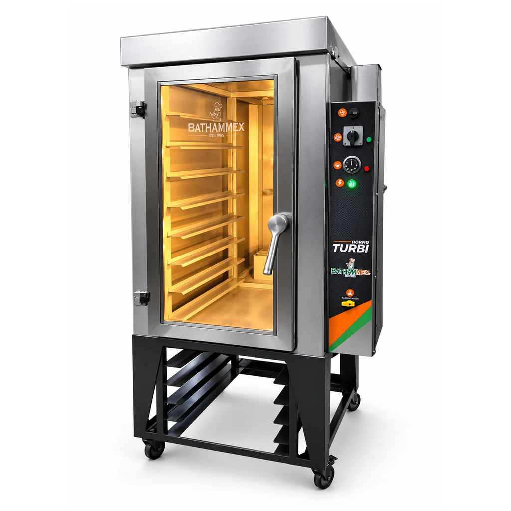 Horno de convección a gas Bathammex Turbi-8 manual, vista principal en acero inoxidable con panel lateral