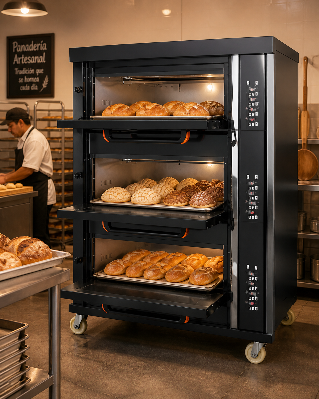 Horno para panadería La Tahona HGA36LP en uso con pan artesanal, bolillos y conchas en gavetas individuales
