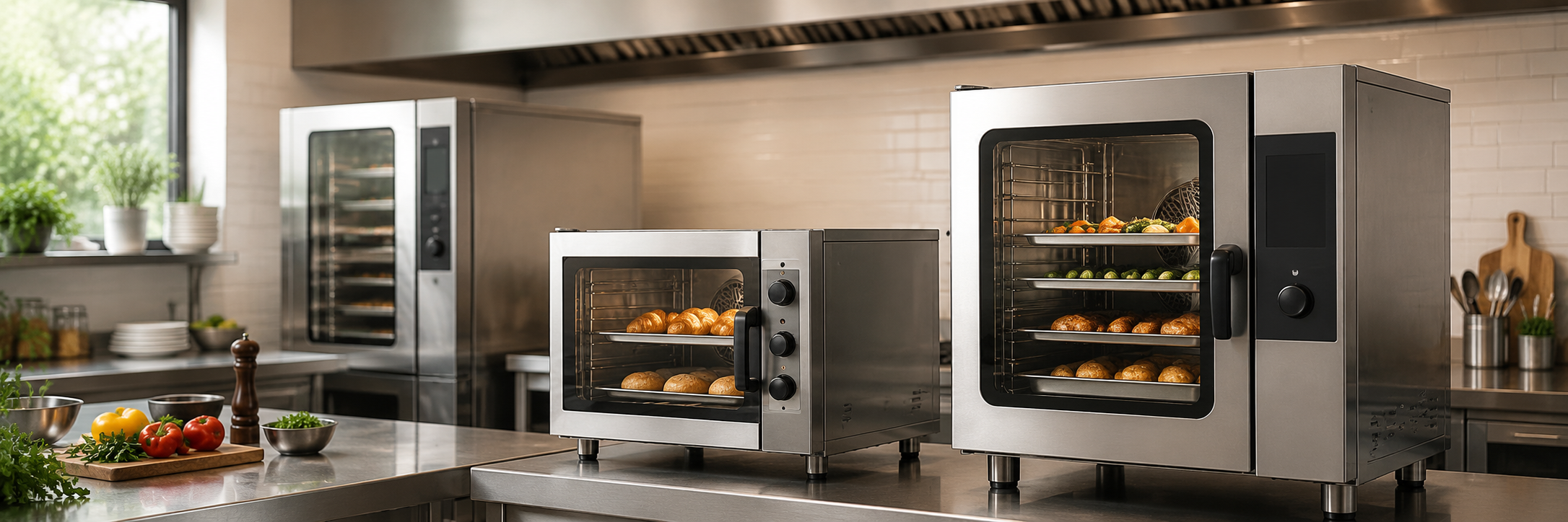 Cocina profesional con hornos de convección y alimentos recién horneados