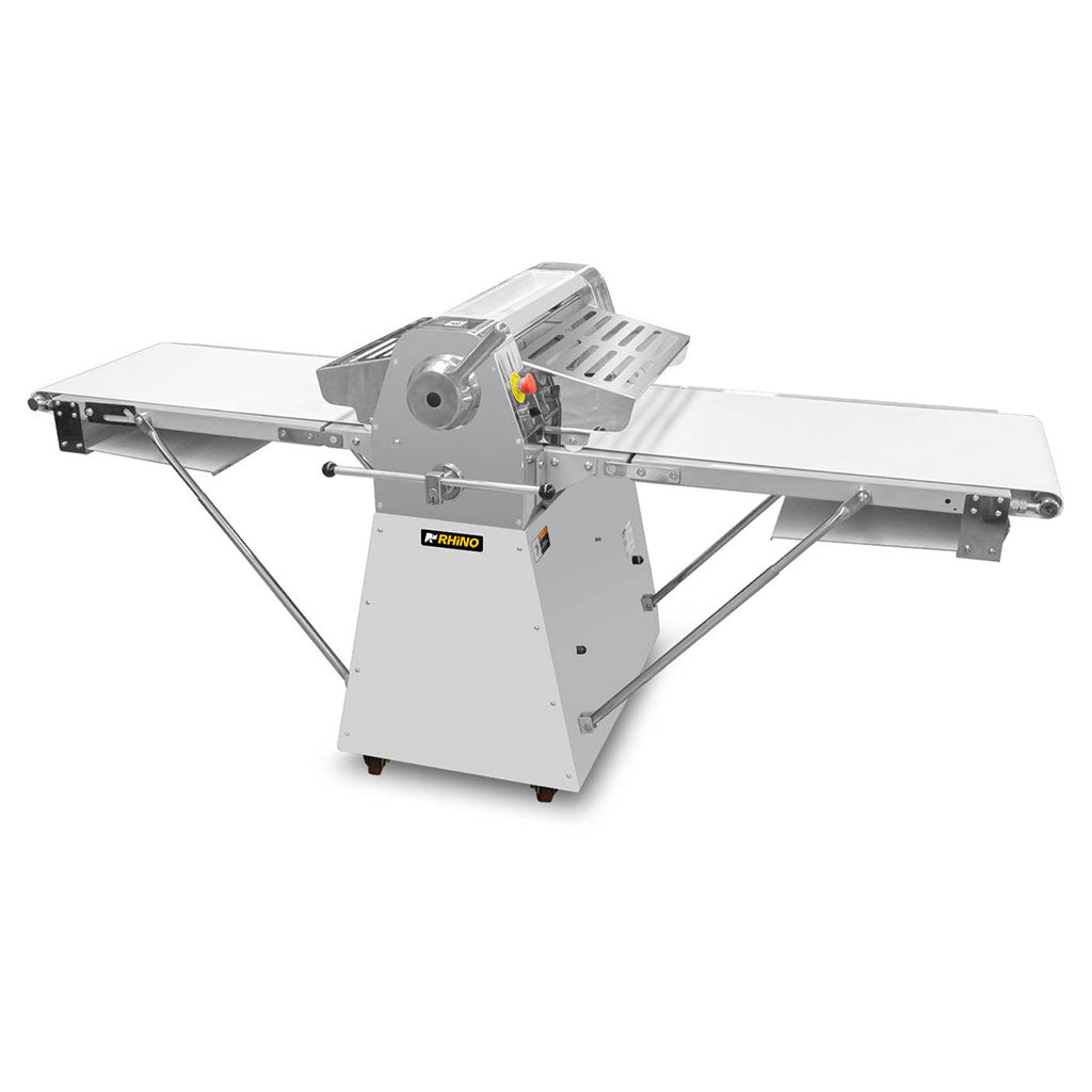 Laminadora de masa industrial Rhino LAMBA-274P vista lateral con estructura de piso