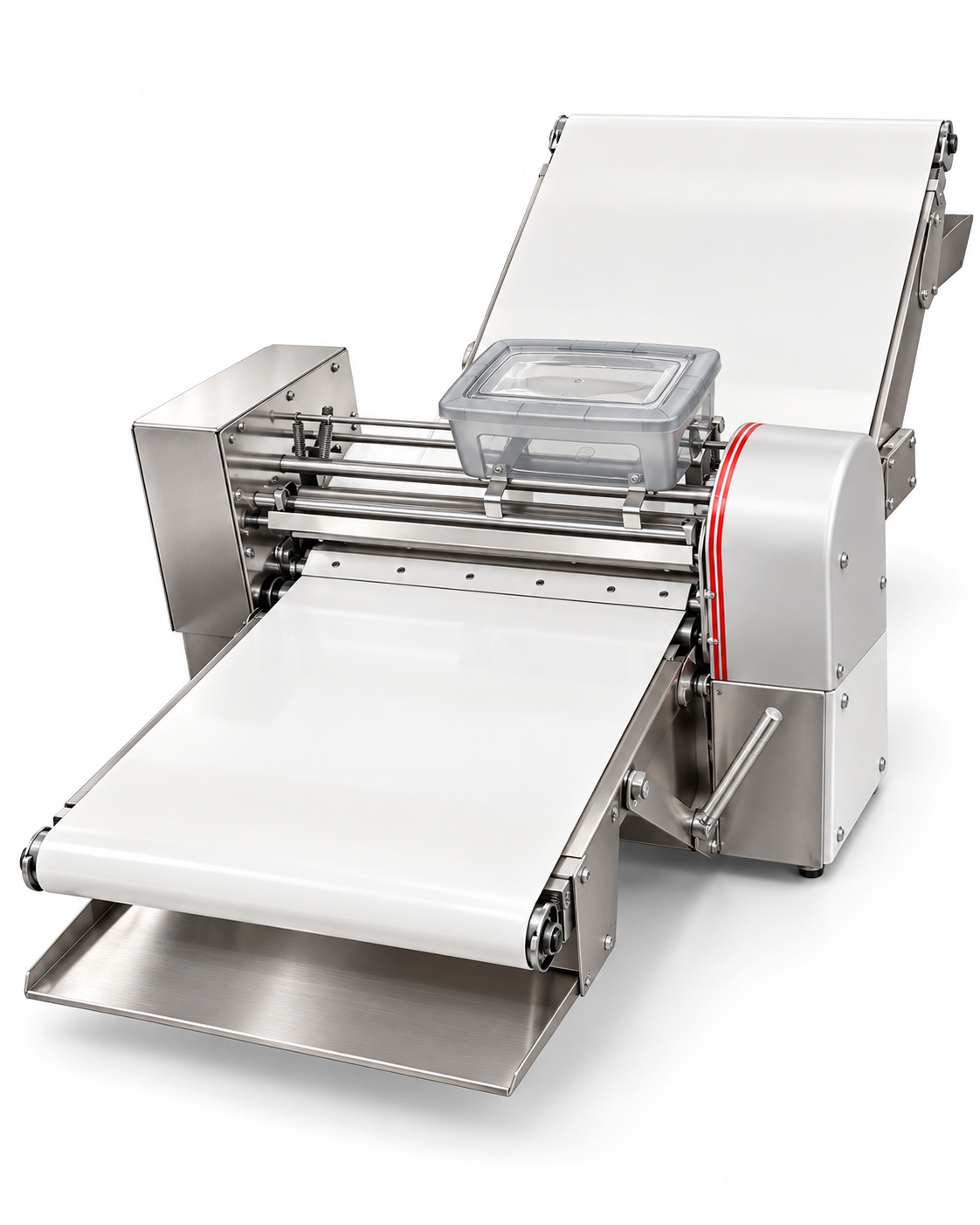 Laminadora industrial EQUICHEF LMM-160, detalle de rodillos, sistema de ajuste de grosor y bandas transportadoras.