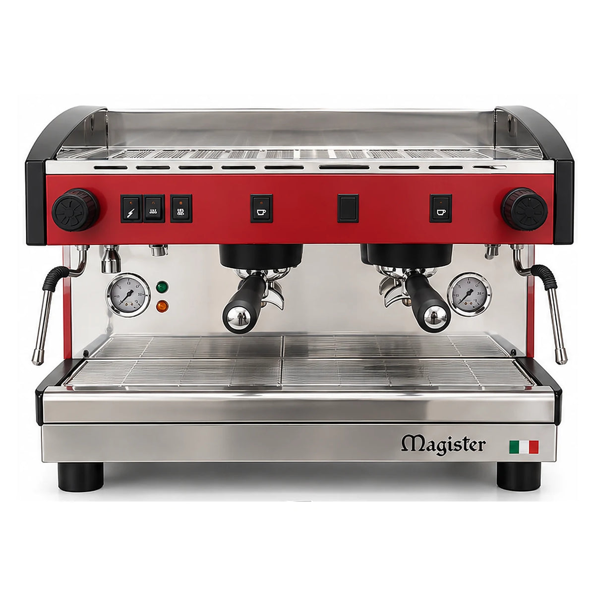 Representación ilustrativa frontal de cafetera semiautomática Magister STILO MS100 de dos grupos, con seis botones y fondo blanco