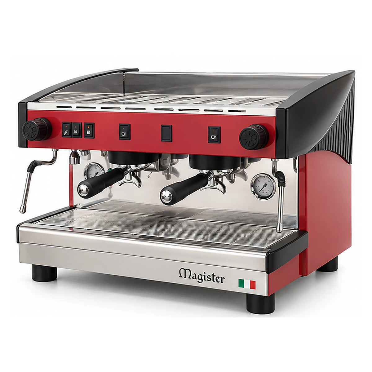 Representación ilustrativa de cafetera Magister STILO MS100 semiautomática, vista tres cuartos con sus seis interruptores