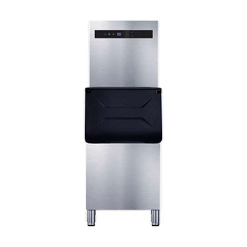 Máquina fabricadora de hielo MIGSA HB-160 con cabezal de acero inoxidable, puerta negra y depósito independiente de 120 kg, fotografía de ficha oficial